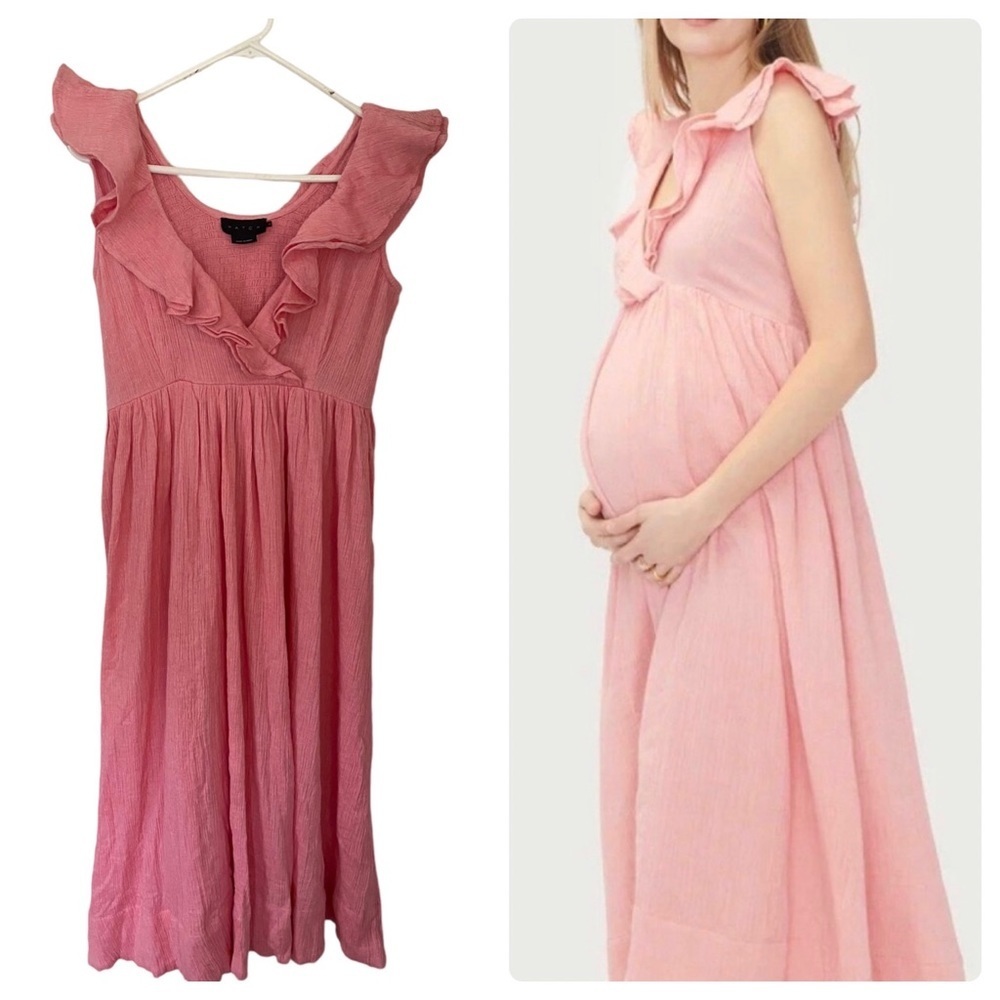 HATCH The Sarah Dress Pink Smocked Flutter Sleeve Maternity Maxi Dress EUC India